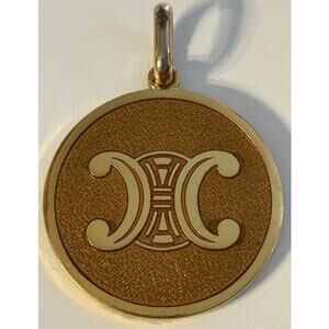 Rare! Vintage Celine Triomphe Logo Pendant Amber Enamel Gold Tone Parisian Luxe